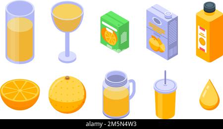 Juice orange icons set. Isometric set of juice orange vector icons for web design isolated on white background Stock Vector