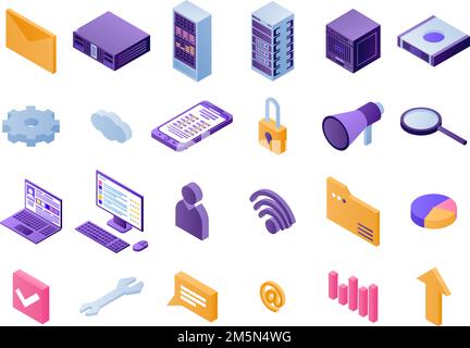Data center icons set. Isometric set of data center vector icons for web design isolated on white background Stock Vector