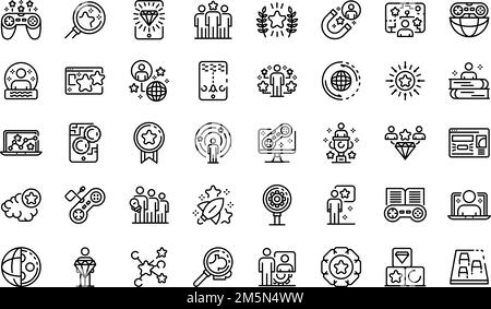 Gamification icons set. Outline set of gamification vector icons for web design isolated on white background Stock Vector