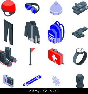 Snowboarding equipment icons set. Isometric set of snowboarding equipment vector icons for web design isolated on white background Stock Vector