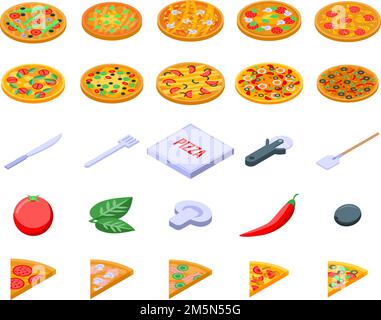Pizza icons set. Isometric set of pizza vector icons for web design isolated on white background Stock Vector