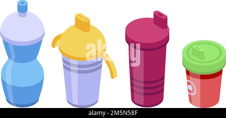 Sippy cup icons set. Isometric set of sippy cup vector icons for web design isolated on white background Stock Vector