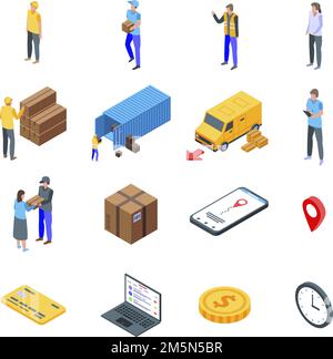 Parcel delivery icons set. Isometric set of parcel delivery vector icons for web design isolated on white background Stock Vector