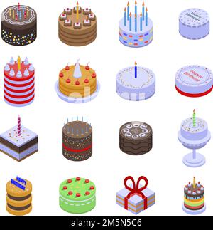 Cake birthday icons set. Isometric set of cake birthday vector icons for web design isolated on white background Stock Vector