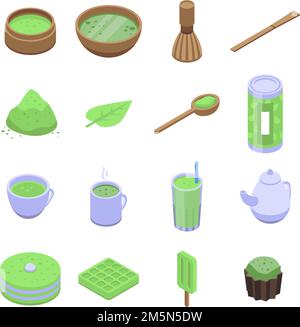 Matcha tea icons set. Isometric set of matcha tea vector icons for web design isolated on white background Stock Vector