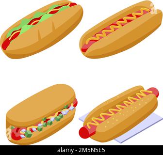 Hot dog icons set. Isometric set of hot dog vector icons for web design isolated on white background Stock Vector