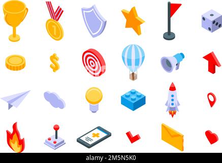 Gamification icons set. Isometric set of gamification vector icons for web design isolated on white background Stock Vector