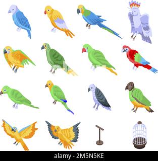Parrot icons set. Isometric set of parrot vector icons for web design isolated on white background Stock Vector