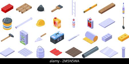 Construction materials icons set. Isometric set of construction materials vector icons for web design isolated on white background Stock Vector