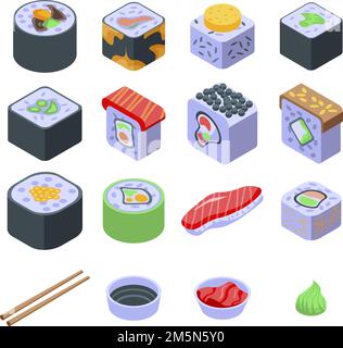 Sushi roll icons set. Isometric set of sushi roll vector icons for web design isolated on white background Stock Vector