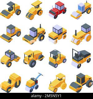 Road roller icons set. Isometric set of Road roller vector icons for web design isolated on white background Stock Vector
