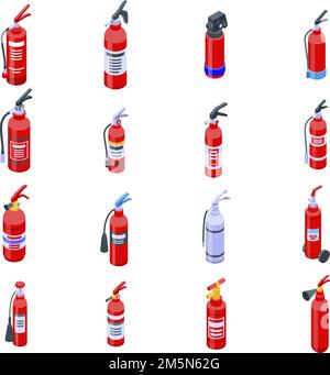 Fire extinguisher icons set. Isometric set of fire extinguisher vector icons for web design isolated on white background Stock Vector