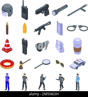 Police equipment icons set. Isometric set of police equipment vector icons for web design isolated on white background Stock Vector