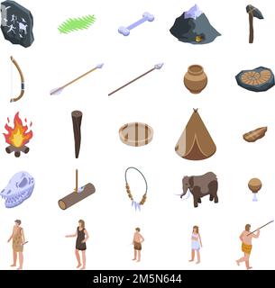 Stone age icons set. Isometric set of stone age vector icons for web design isolated on white background Stock Vector