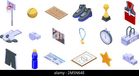Basketball equipment icons set. Isometric set of basketball equipment vector icons for web design isolated on white background Stock Vector