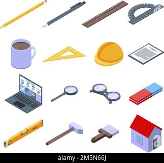 Architect equipment icons set. Isometric set of architect equipment vector icons for web design isolated on white background Stock Vector