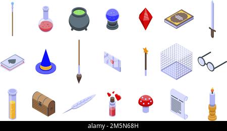 Wizard tools icons set. Isometric set of wizard tools vector icons for web design isolated on white background Stock Vector