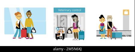 The white cat is sitting in its carrier bag. Kitty lovely and funny. The little smart funny beagle sits in the dog airplane carrier. Stock Vector