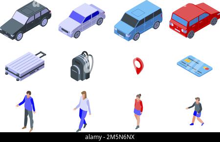 Travel on car icons set. Isometric set of travel on car vector icons for web design isolated on white background Stock Vector