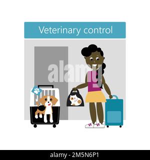 Pets with his owner are waiting the veterinary control at the airport. Bicolore cat in black bag. Tricolour beagle in baggage carrier. Stock Vector