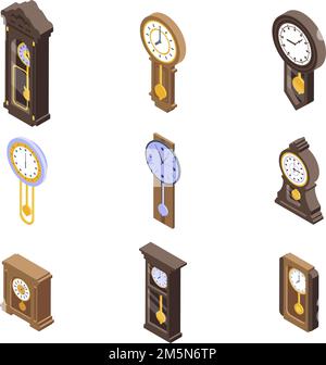 Pendulum clock icons set. Isometric set of pendulum clock vector icons for web design isolated on white background Stock Vector