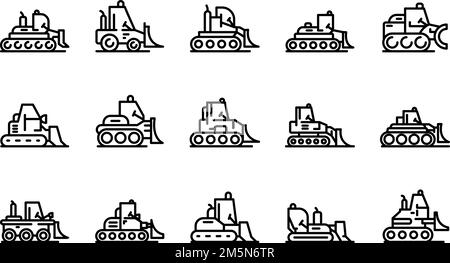 Bulldozer icons set. Outline set of bulldozer vector icons for web design isolated on white background Stock Vector