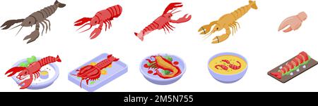Lobster icons set. Isometric set of lobster vector icons for web design isolated on white background Stock Vector