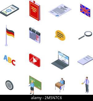 Foreign language teacher icons set. Isometric set of Foreign language teacher vector icons for web design isolated on white background Stock Vector