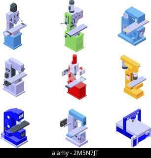Milling machine icons set. Isometric set of milling machine vector icons for web design isolated on white background Stock Vector
