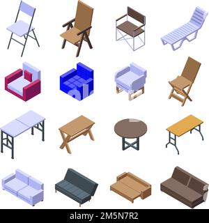 Folding furniture icons set. Isometric set of folding furniture vector icons for web design isolated on white background Stock Vector