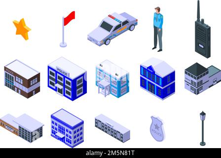 Police station icons set. Isometric set of police station vector icons for web design isolated on white background Stock Vector