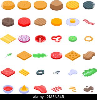Burger icons set. Isometric set of burger vector icons for web design isolated on white background Stock Vector