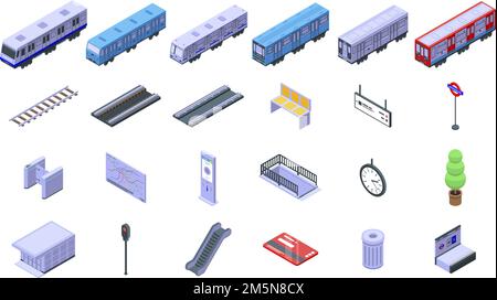 Subway train icons set. Isometric set of subway train vector icons for web design isolated on white background Stock Vector