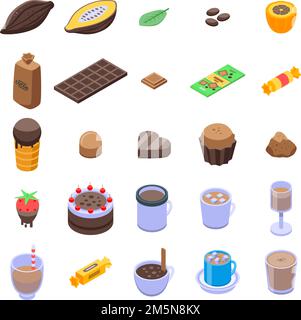 Cocoa icons set. Isometric set of cocoa vector icons for web design isolated on white background Stock Vector