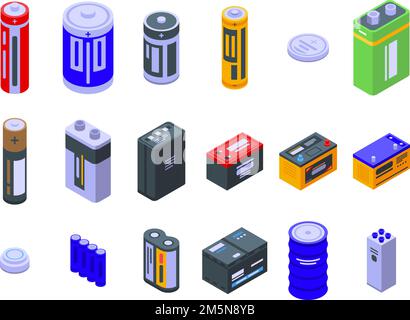 Battery icons set. Isometric set of battery vector icons for web design isolated on white background Stock Vector