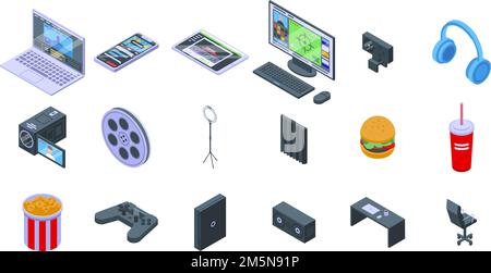 Stream icons set. Isometric set of stream vector icons for web design isolated on white background Stock Vector