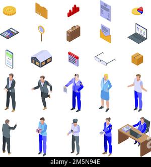 Tax inspector icons set. Isometric set of tax inspector vector icons for web design isolated on white background Stock Vector