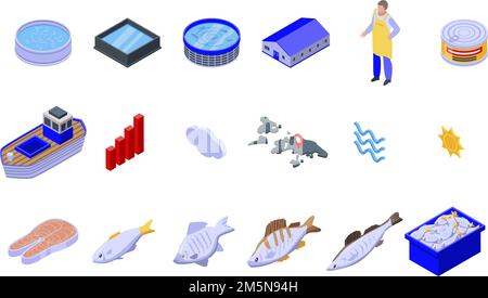 Fish farm icons set. Isometric set of fish farm vector icons for web design isolated on white background Stock Vector
