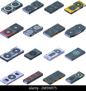 Graphics card icons set. Isometric set of graphics card vector icons for web design isolated on white background Stock Vector