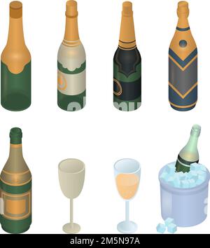 Champagne icons set. Isometric set of champagne vector icons for web design isolated on white background Stock Vector