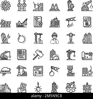 Demolition work icons set. Outline set of demolition work vector icons for web design isolated on white background Stock Vector