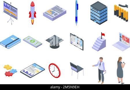 Business training icons set. Isometric set of business training vector icons for web design isolated on white background Stock Vector