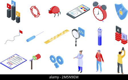 Testing software icons set. Isometric set of testing software vector icons for web design isolated on white background Stock Vector