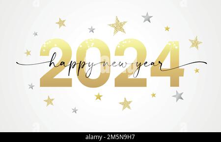 Happy New Year 2024 lettering script and golden glitter of stars. Luxury design template of number 2024. New year symbols 2024. Creative vector digits Stock Vector