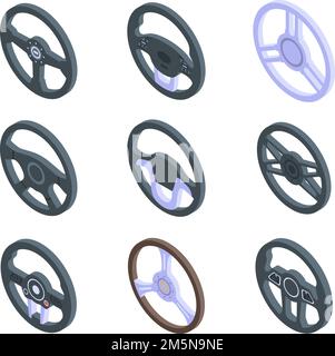 Steering wheel icons set. Isometric set of steering wheel vector icons for web design isolated on white background Stock Vector
