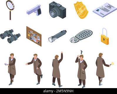 Investigator icons set. Isometric set of investigator vector icons for web design isolated on white background Stock Vector