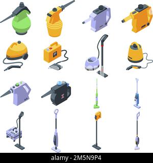 Steam cleaner icons set. Isometric set of steam cleaner vector icons for web design isolated on white background Stock Vector