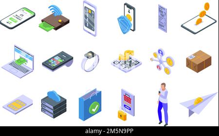 Mobile payment icons set. Isometric set of mobile payment vector icons for web design isolated on white background Stock Vector