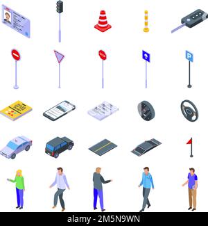 Driving school icons set. Isometric set of driving school vector icons for web design isolated on white background Stock Vector