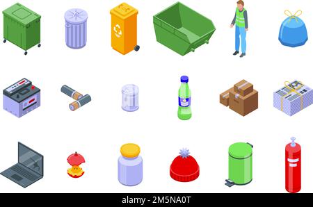 Waste icons set. Isometric set of waste vector icons for web design isolated on white background Stock Vector